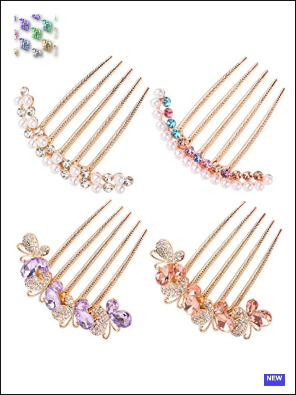 4 Pearl Rhinestones Butterfly Hair Fork Clips for Updo Buns French Twist